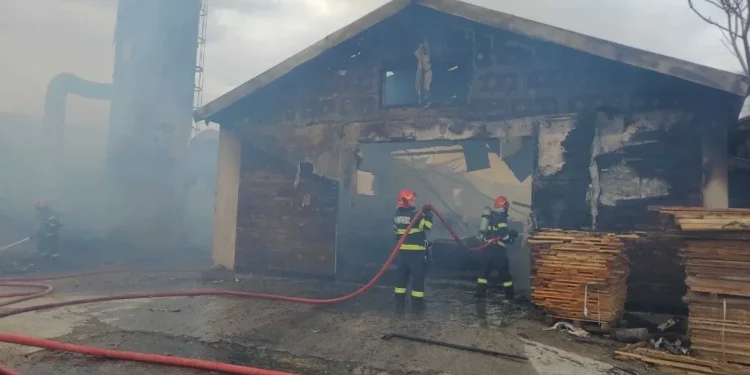 Incendiu la o fabrică de cherestea: Trei hale afectate, alertă RO-Alert din cauza fumului dens